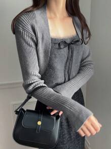 FRIFUL 2pcs Women Solid Color Long Sleeve Cardigan And Bow Decor Camisole Knit Top Set, Autumn/Winter