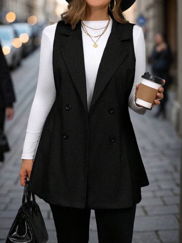 EMERY ROSE Plus Size Casual Lapel Collar Double-Breasted Sleeveless Vest Jacket For Autumn