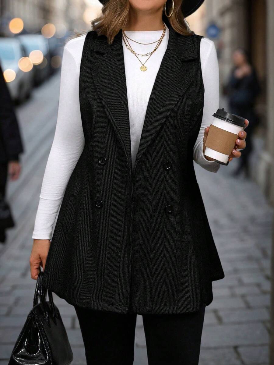EMERY ROSE Plus Size Casual Lapel Collar Double-Breasted Sleeveless Vest Jacket For Autumn - Black - View 1