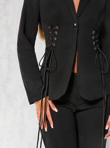 Glamine 1pc Women Casual Crossover Tie Side Blazer Jacket, Autumn Fall Cloth For Women - Black - View 4