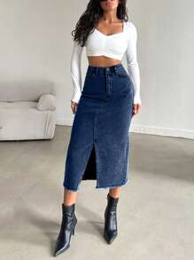 RueChic 女式休闲流苏边开衩牛仔裙，秋季 - 深色水洗藍 - 查看 3