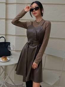 DAZY Women Stand Collar Patchwork Long Sleeve Tie Waist Mid-Length Dress,Fall Dress