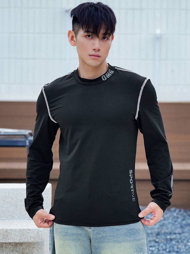 1pc Men's Letter Print Slim Fit Black T-Shirt, Autumn Long Sleeve Men Shirt