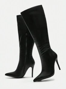 CUCCOO SZL Women's Fashion Commuting Minimalist Versatile Black Pointed Toe Knee-High Boots For Christmas - Black - View 6