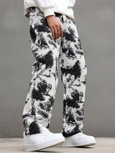 Claim Dot Men's Tie-Dye Black & White Contrast Color Straight Leg Pants, Baggy Pants, INS Black And White Paint-Splattered Textured Loose Casual Pants, Going Out Long Straight Leg Slacks Pants, For Husband, Boyfriend Gifts, Fall