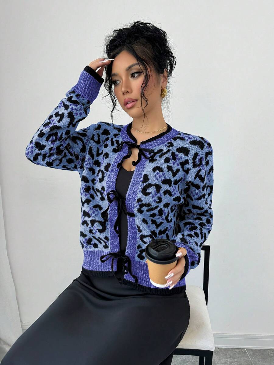 SHEIN Unity 1pc Women Leopard Print Bowknot Front Cardigan - Royal Blue - View 1