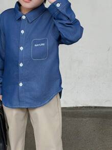 SHEIN 2pcs/Set Young Boy Casual Denim Effect Shirt And Loose Straight Leg Pants Outfit, Suitable For School & Daily Wear, Autumn/Winter - Multicolor - View 5