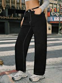 SHEIN EZwear 女士休闲梭织直筒裤，黑色 - 黑色 - 查看 3