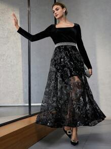 MOTF Soiréza SQUARE NECK VELVET BODICE SEQUINS EMBROIDERY MESH FLARE HEM FORMAL EVENING DRESS - Black - View 4