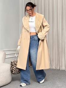 SHEIN EZwear Nuevo abrigo negro de otoño/invierno con cuello de piel y diseño cruzado doble, de largo hasta la rodilla