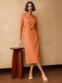 MOTF PREMIUM SOLIDE INKEPING NEK KNOOP DETAIL RIEM MIDI JURK, DAMES OUTFIT