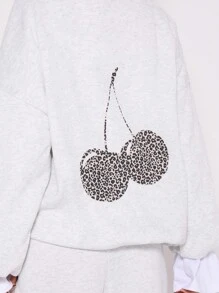 MUSERA Leopard Cherry Graphic Slouch Hooded Sweatshirt Casual - Light Grey - View 4