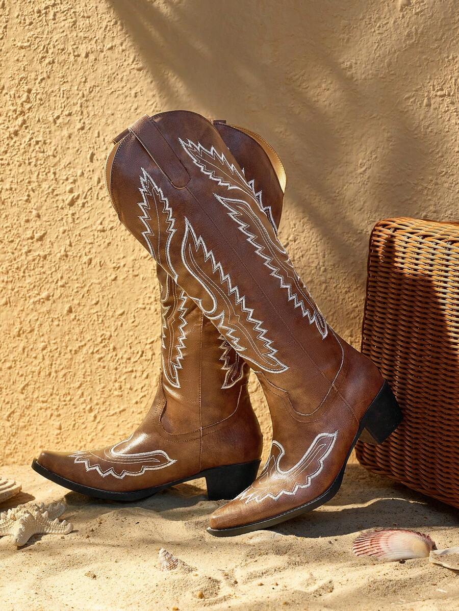 Styleloop Women's Embroidered Pointed Toe Chunky Heel Western Boots, BOHO Style, Retro American Western, Bohemian, Music Festival, Party, Christmas, Halloween Outfit - Coffee Brown - View 1