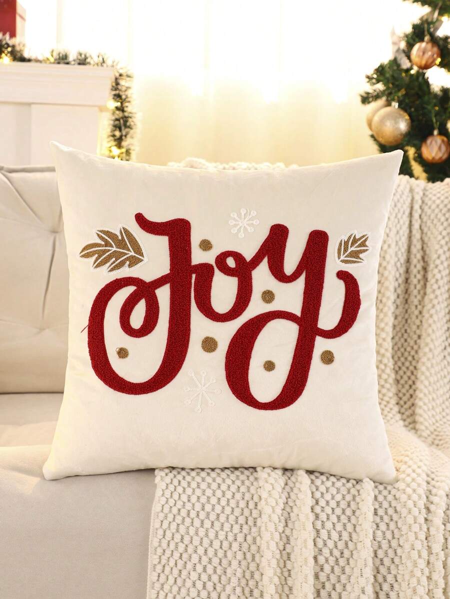 1 件圣诞字母刺绣天鹅绒抱枕套，家居装饰