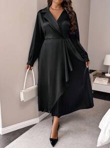 SHEIN Unity Plus Size Solid Color Long Sleeve Lapel Neck Minimalist Casual Long Dress - Black - View 7