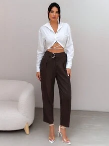 SHEIN Tall Quần ống côn dệt lưng thun co giãn mùa thu đông cho nữ - màu nâu - Xem 5