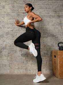 SHEIN Sports 纯色网眼撞色高腰无缝运动紧身裤 - 黑色 - 查看 3
