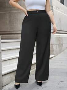 RueChic Plus Solid Slant Pocket Wide Leg Suit Pants - Black - View 4