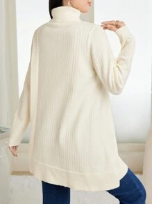 Mulvari Korean Style Loose High Neck Mid-Length Sweater Women, Slouchy Casual Pullover Knit Top, Asymmetrical Hem Minimalist Design Knit Pullover Fall Winter Outfit