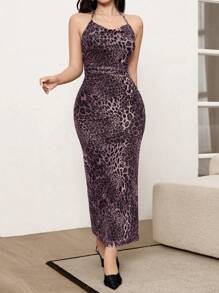 Modelyn 2pcs Women Elegant Leopard Print Mesh Dress & Coat Set For Autumn - Purple - View 6