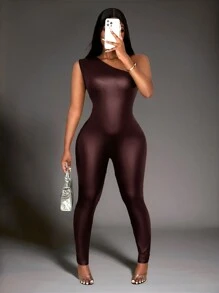 Slaydiva 女士纯色无袖休闲连体裤 - 鏽棕色 - 查看 3