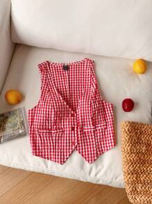 Comfortcana Damski, letni, jednorzędowy krótki top w kratę na nieformalne okazje