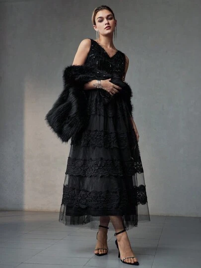 The Great Gatsby x MOTF CONTRAST SEQUIN FUZZY BODICE LACE AND MESH PANEL FLARE HEM LONG DRESS WITHOUT BELT