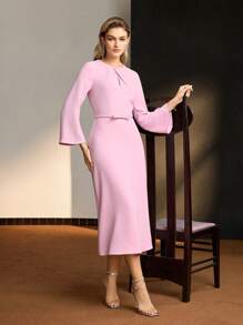 MOTF Soiréza SOLID TWIST KEYHOLE NECK BELL SLEEVE BOW BELTED DRESS - Pink - View 4