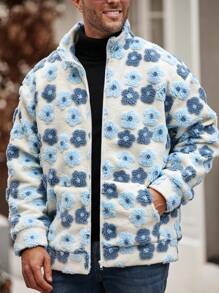 Manfinity Homme Veste zippée décontractée à col montant avec motif floral floqué pour homme, automne