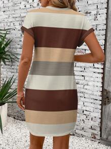 EMERY ROSE Casual Striped Pattern Round Neck Short Sleeve Women Dress, Spring/Summer Suitable For Going Out Chic Dress