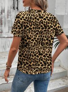 SHEIN LUNE 女式休闲豹纹圆领短袖 T 恤，春夏 - 黃色 - 查看 2