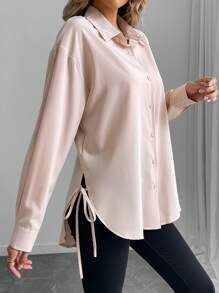 INAWLY Solid Drop Shoulder Split Hem Shirt For Spring & Summer,Long Sleeve Tops Fall Cloth For Women - Khaki - View 5