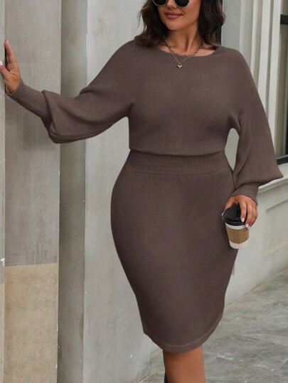 SHEIN LUNE Plus Size Women Solid Round Neck Batwing Long Sleeve Dopasowana Elegancka Sukienka Sweterowa Jesień/Zima