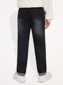 SHEIN Tween Boy Chic Fashion Street Daily Casual Hand-Made Color Spots Detail Ripped Cat Whiskers Detail Comfort Elastic Waist Zip Front Fastening Roll Up Hem Jeans With 5 Pockets, Boys Must-Have All Year Fashion Item