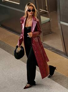 SHEIN X Belinda SHEIN Essnce Burgundy Snake Print Red All-Over Leather Suit Collar Long Sleeve Button Lapel Extra Long Waterproof And Windproof Jacket With Leather Belt Autumn And Winter