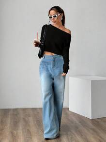 Flirla 女士纯色不对称领针织毛衣，休闲日常穿着，秋冬针织套头衫 - 黑色 - 查看 3