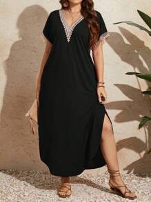 EMERY ROSE Vestido de verano de manga corta con encaje para mujer de talla grande - Negro - Ver 6