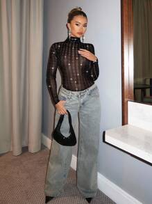 SHEIN BAE 优雅女士闪亮透视性感紧身衣，适合夜店派对、约会、外出和 Y2K 圣诞节服装 - 黑色 - 查看 2