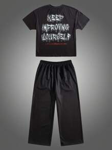 Manfinity VCAY Bộ quần áo hoodie và quần dài in chữ dệt kim phong cách đường phố cỡ lớn cho nam - Nhiều màu - Xem 2