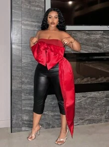 Slaydiva Elegant & Party & Event & Date & Night Out Fitted Solid Burgundy Sweetheart Neck, Adjustable Sheer Straps, Plus Size Bow Detail Side Panel, Plus Size Cropped Top, Spring Autumn