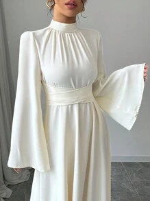 Rafferiza 女士纯色立领长袖简约长裙，休闲日常穿着长款女装 - 杏色 - 查看 7