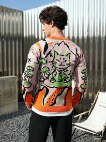 Manfinity Roghcode 男士圆领长袖图案细节简约休闲针织毛衣 - 彩色 - 查看 4