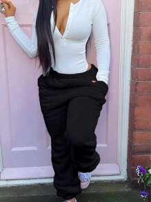 Women Solid Color Pocket Design Warm Fleece Pants Casual - Black - View 3
