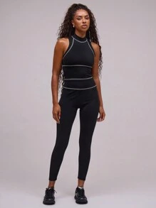 Musera Sport 撞色缝线运动紧身裤，适用于板式网球、网球、匹克球和健身房运动。 - 黑色 - 查看 1