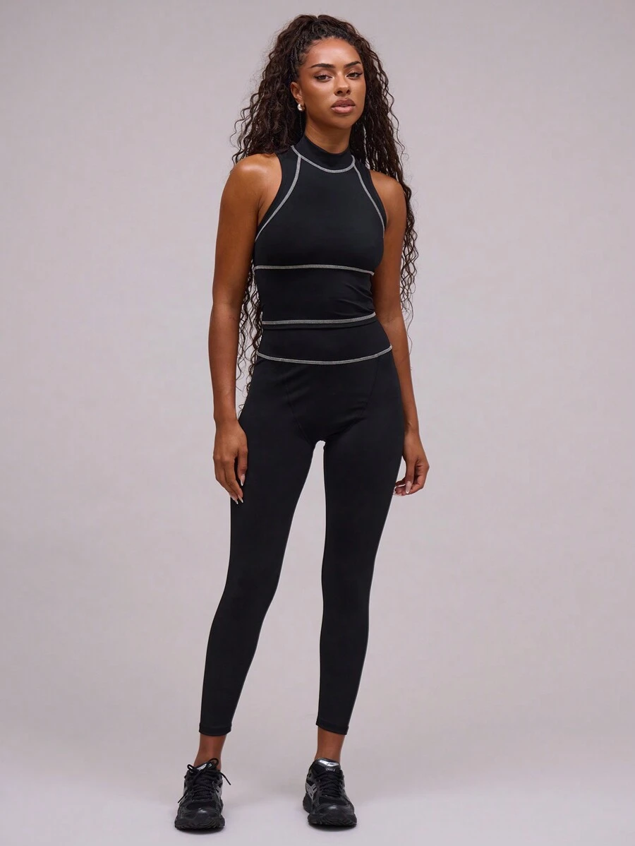 Musera Sport 撞色缝线运动紧身裤，适用于板式网球、网球、匹克球和健身房运动。 - 黑色 - 查看 1