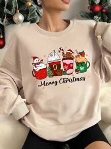 SHEIN EZwear 休闲卡通咖啡杯、姜饼人和雪人印花米色圆领宽松轻便女士运动衫、圣诞礼物 - 杏色 - 查看 1