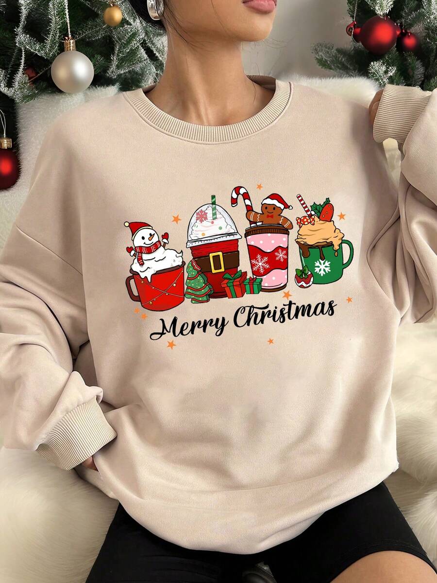 SHEIN EZwear 休闲卡通咖啡杯、姜饼人和雪人印花米色圆领宽松轻便女士运动衫、圣诞礼物 - 杏色 - 查看 1