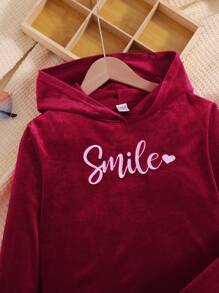 Tween Girl 2pcs Set, Loose Fit Casual Minimalist Letter Embroidery Hoodie & Wide-Leg Pants - Burgundy - View 3