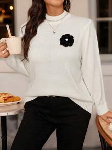 SHEIN LUNE Damen Pullover in Große Größen mit Blumenmuster, Stehkragen und Langarm, lässiger Lässig Pullover, Herbst/Winter Strickpullover - Weiss - Übersicht 4