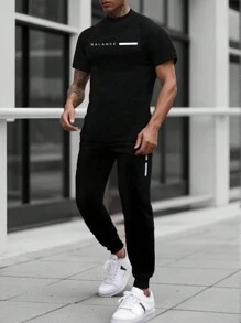 Manfinity Homme Hombres Pantalones deportivos con camiseta con estampado de letra - Negro - Ver 1